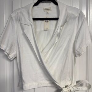 Anthropologie White Wrap Crop Blouse with Short Sleeves